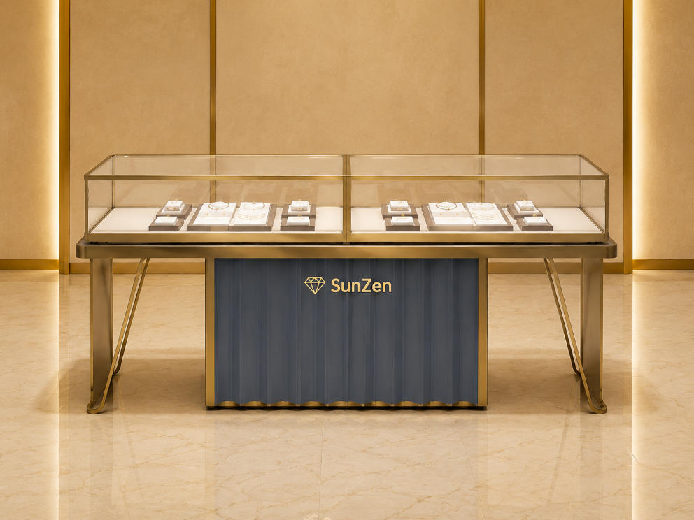 Jewelry split leg wave counter | Gold Frame Dual Glass Modern Retail Showcase – Sunzen