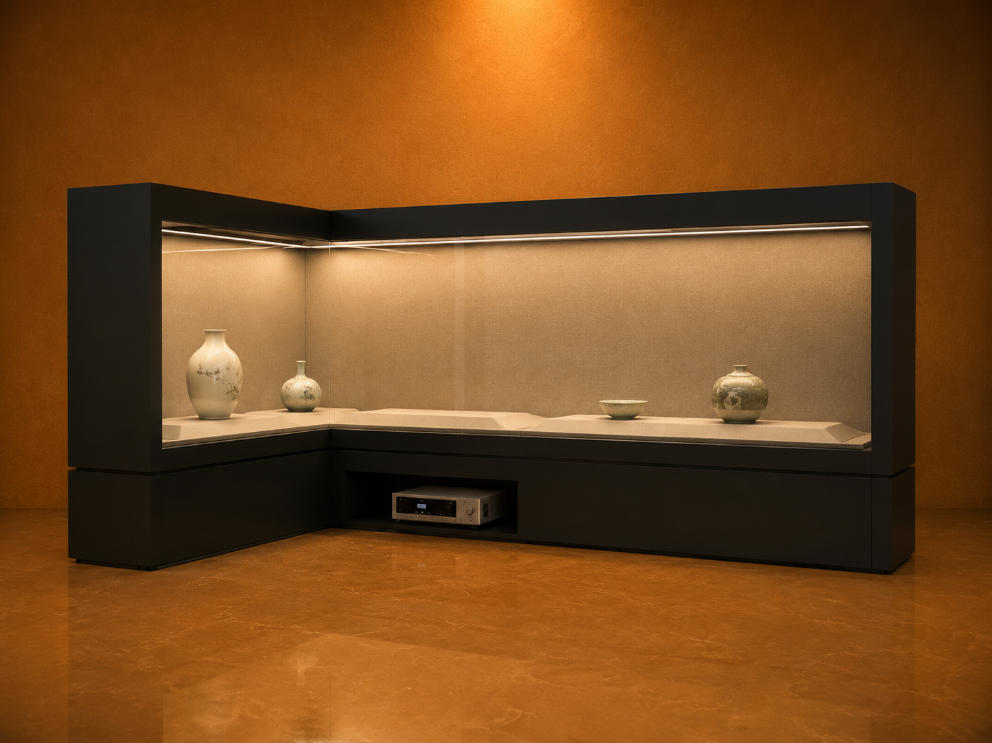 L Corner Wall Vitrine | Dual Side Artifact Booth Built-In Gear Heritage Case Two Way Linear Exhibit Unit Recess Equipment Display Cabinet 1 L Corner Wall Vitrine | Dual Side Artifact Booth Built-In Gear Heritage Case Two Way Linear Exhibit Unit Recess Equipment Display Cabinet