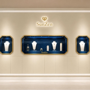 Luxury Jewelry Octagon Wall Cabinet | Beige Gold Frame Blue Velvet Display Niche – Sunzen 2 Luxury Jewelry Octagon Wall Cabinet | Beige Gold Frame Blue Velvet Display Niche – Sunzen