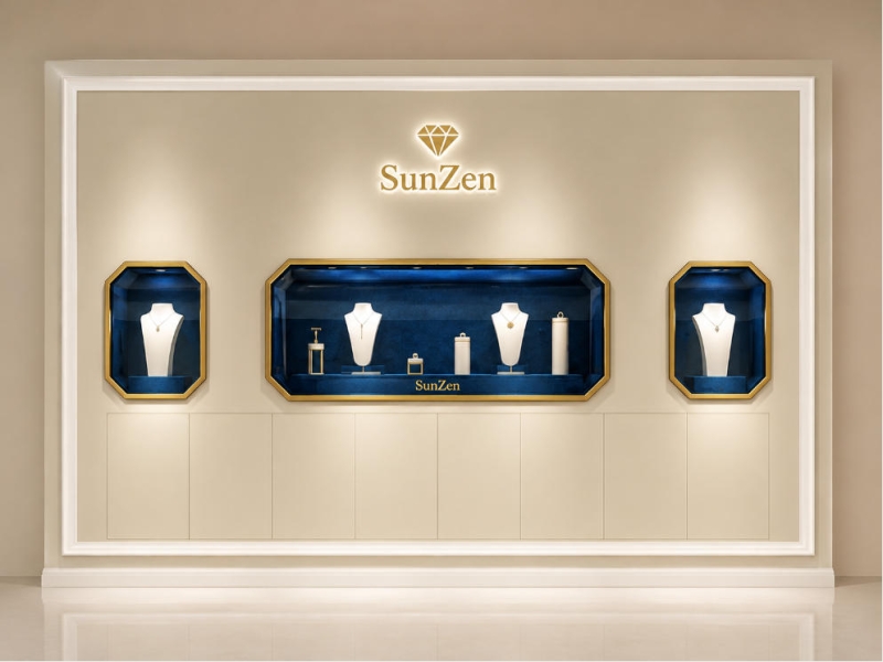 Luxury Jewelry Octagon Wall Cabinet | Beige Gold Frame Blue Velvet Display Niche – Sunzen