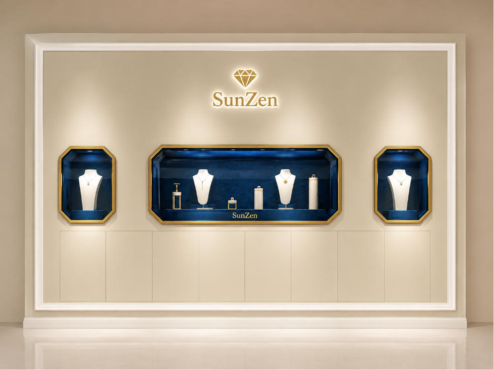 Luxury Jewelry Octagon Wall Cabinet | Beige Gold Frame Blue Velvet Display Niche – Sunzen 1 Luxury Jewelry Octagon Wall Cabinet | Beige Gold Frame Blue Velvet Display Niche – Sunzen
