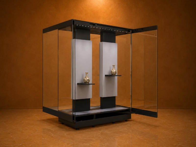 Museum Exhibit Case | Dual Wing Hydraulic Opening Glass Showcase - SUNZEN