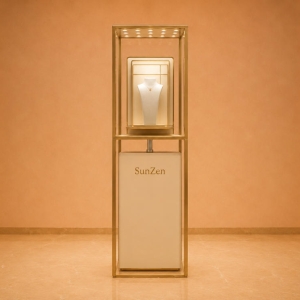 Open Gold Frame Pedestal | Raised Inner Display Shelf Vertical Beige Base Unit Ceiling Dot Spot Booth Single Necklace Display Tower 2 Open Gold Frame Pedestal | Raised Inner Display Shelf Vertical Beige Base Unit Ceiling Dot Spot Booth Single Necklace Display Tower