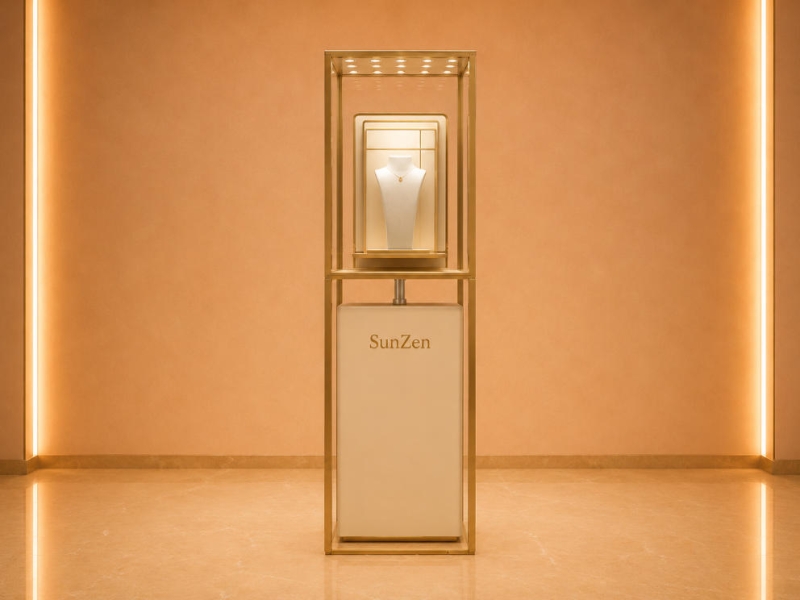 Open Gold Frame Pedestal | Raised Inner Display Shelf Vertical Beige Base Unit Ceiling Dot Spot Booth Single Necklace Display Tower
