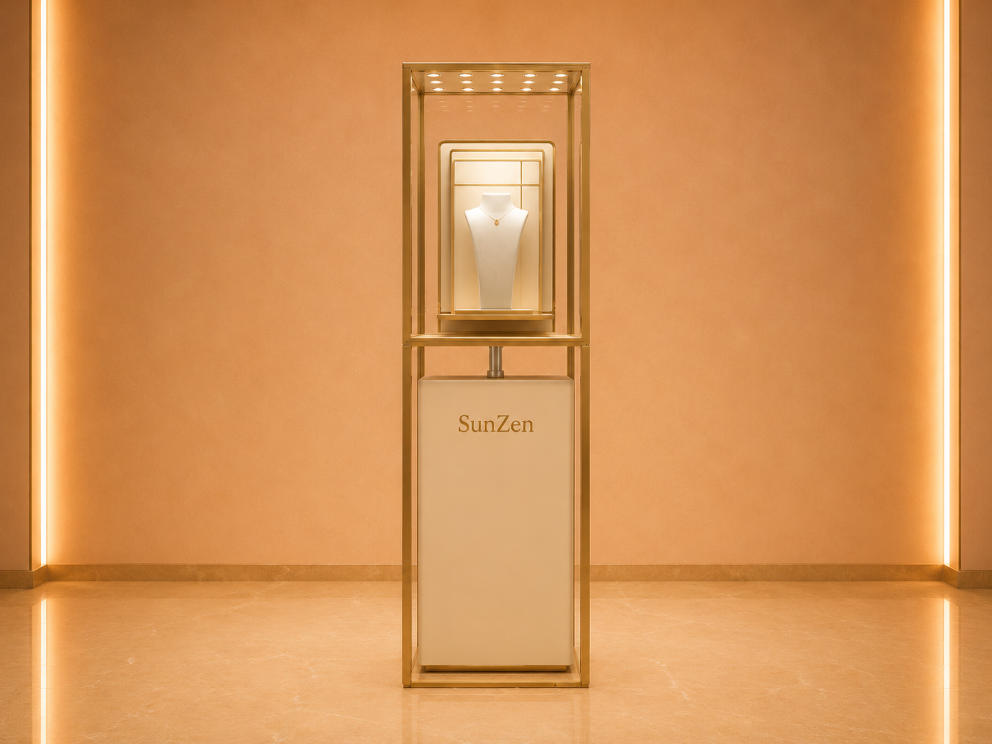 Open Gold Frame Pedestal | Raised Inner Display Shelf Vertical Beige Base Unit Ceiling Dot Spot Booth Single Necklace Display Tower 1 Open Gold Frame Pedestal | Raised Inner Display Shelf Vertical Beige Base Unit Ceiling Dot Spot Booth Single Necklace Display Tower