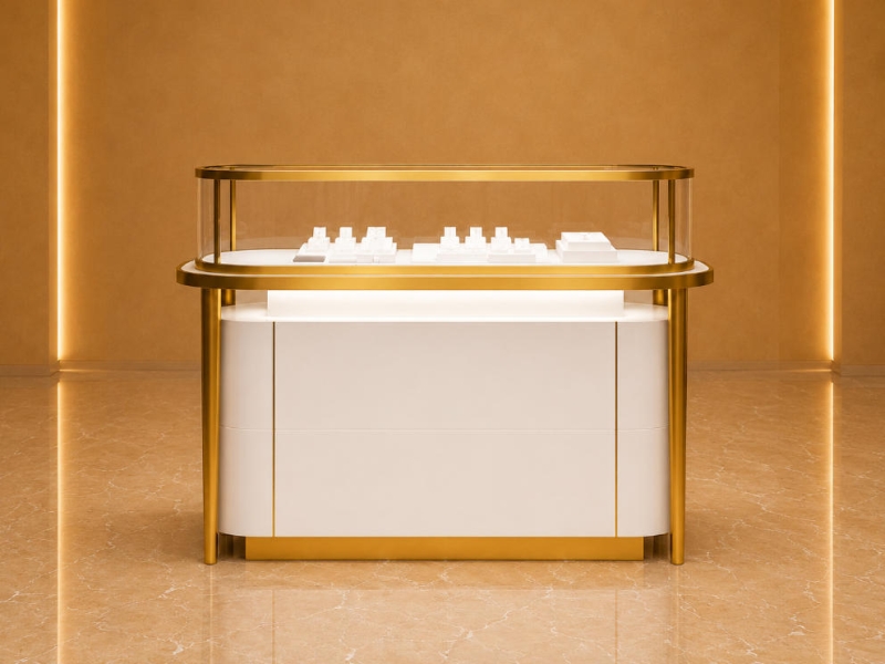 Oval Front Jewelry Counter | Gold Frame Glass Kiosk Low Profile Display Island – Sunzen Display