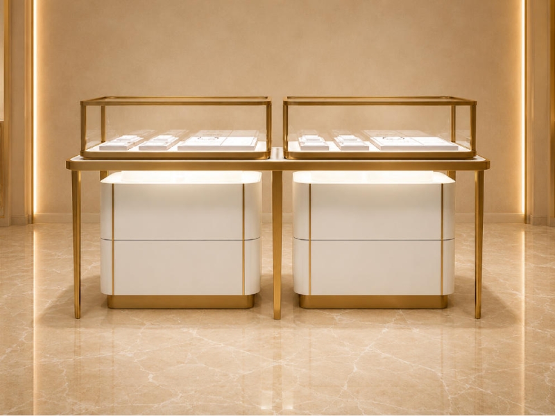 Paired Jewel Counter | Twin Display Island Thin Leg Glass Case - Sunzen
