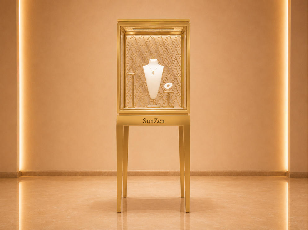 Pattern Gold Back Pedestal | Four Leg Tower Vitrine Top Strip Light Booth Necklace Bust Interior Branded Tall Gem Stand