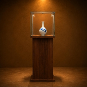 Porcelain Bottle Vitrine | Solid Wood Pedestal Booth Dark Timber Tall Case Side Strip Light Unit Ceramic Heritage Display Cabinet