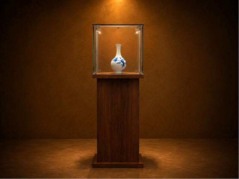 Porcelain Bottle Vitrine | Solid Wood Pedestal Booth Dark Timber Tall Case Side Strip Light Unit Ceramic Heritage Display Cabinet