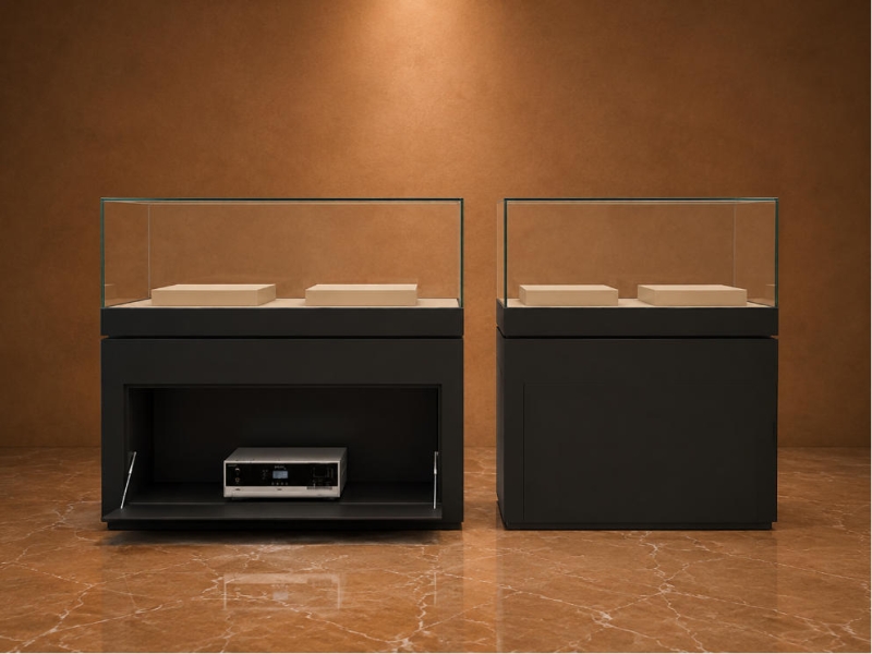 Pull-Out Gear Vitrine | Modular Twin Artifact Booth Front Access Heritage Case Split Base Freestanding Unit Equipment Drawer Exhibit Cabinet