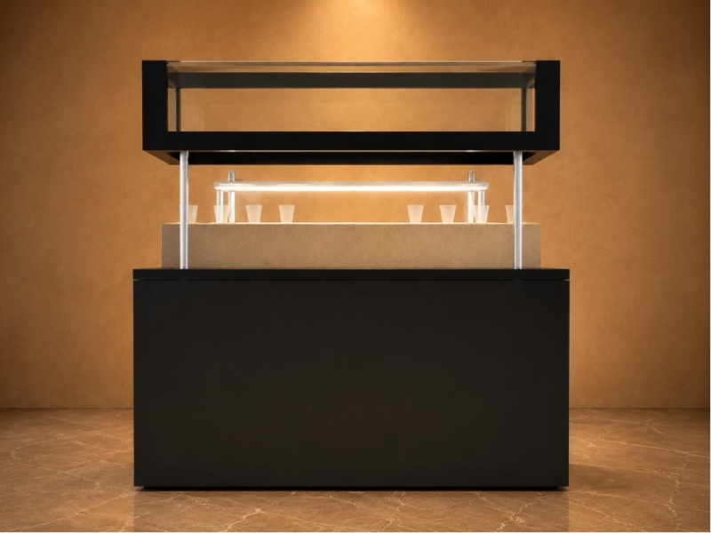 Raised Top Relic Counter | Two Tier Glass Vitrine Pedestal Museum Booth Elevated Artifact Cabinet Split Level Exhibit Unit