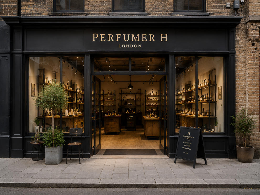 Raw Wood Blending Counter – Matte Steel Wall Vitrine British Artisan Perfume Shop