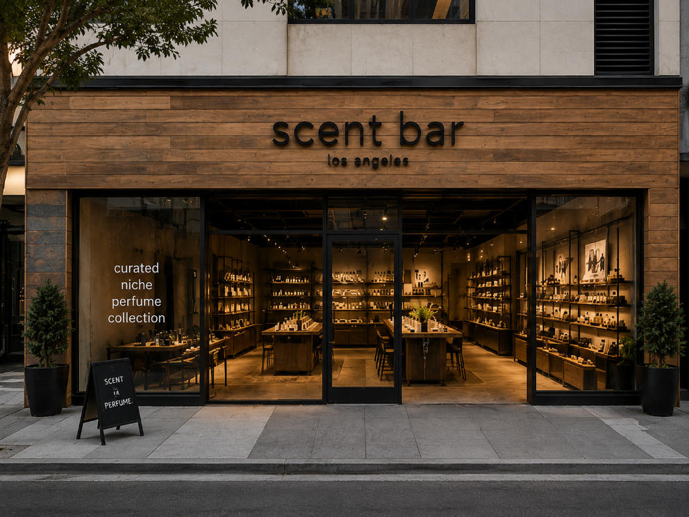 Raw Wood Tasting Island – Black Steel Open Vitrine LA Niche Scent Bar