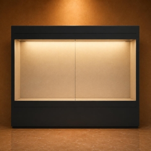 Recessed Wall Artifact Cabinet | Dual Sliding Glass Vitrine Fabric Lined Museum Case Wall Mount Heritage Booth Built-In LED Exhibit Unit