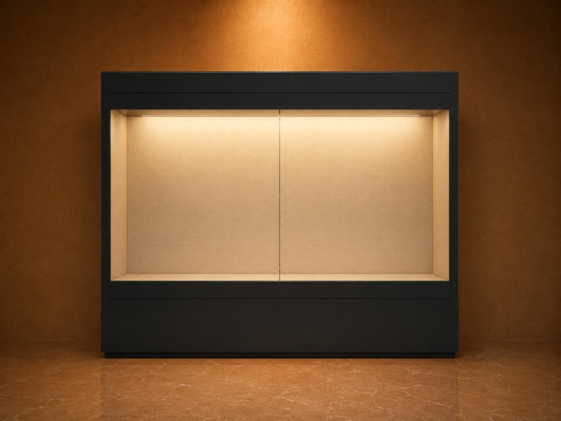 Recessed Wall Artifact Cabinet | Dual Sliding Glass Vitrine Fabric Lined Museum Case Wall Mount Heritage Booth Built-In LED Exhibit Unit