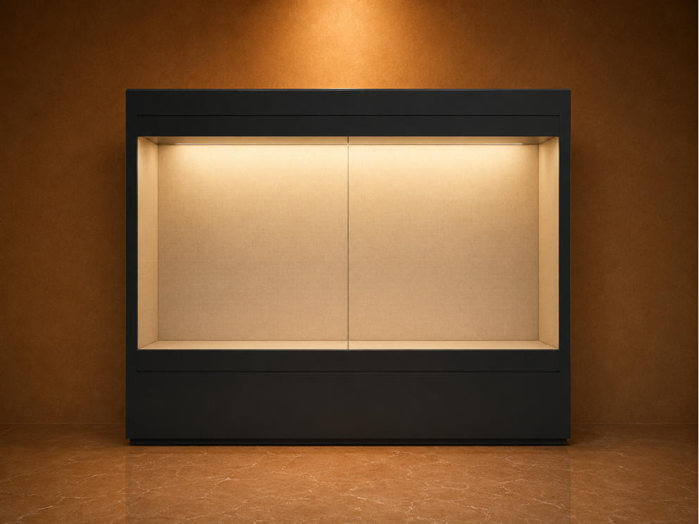 Recessed Wall Artifact Cabinet | Dual Sliding Glass Vitrine Fabric Lined Museum Case Wall Mount Heritage Booth Built-In LED Exhibit Unit