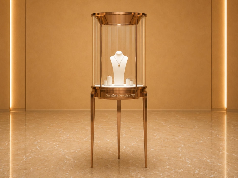 Round Glass Jewelry Tower | Rose Gold Pedestal Stand Tall Circular Showcase – Sunzen Display
