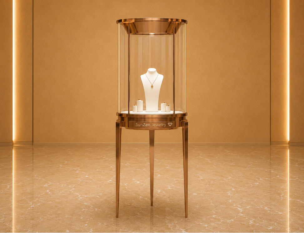 Round Glass Jewelry Tower | Rose Gold Pedestal Stand Tall Circular Showcase – Sunzen Display 1 Round Glass Jewelry Tower | Rose Gold Pedestal Stand Tall Circular Showcase – Sunzen Display