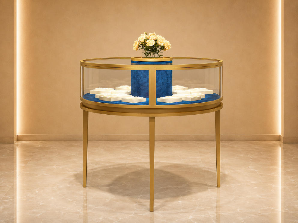 Round Jewel Island | Gold Glass Circular Display Booth - Sunzen 1 Round Jewel Island | Gold Glass Circular Display Booth - Sunzen