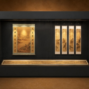 Scroll Painting Display Vitrine | Wall Recess Artwork Cabinet Hanging Calligraphy Booth Horizontal Manuscript Exhibit UV Archival Art Case