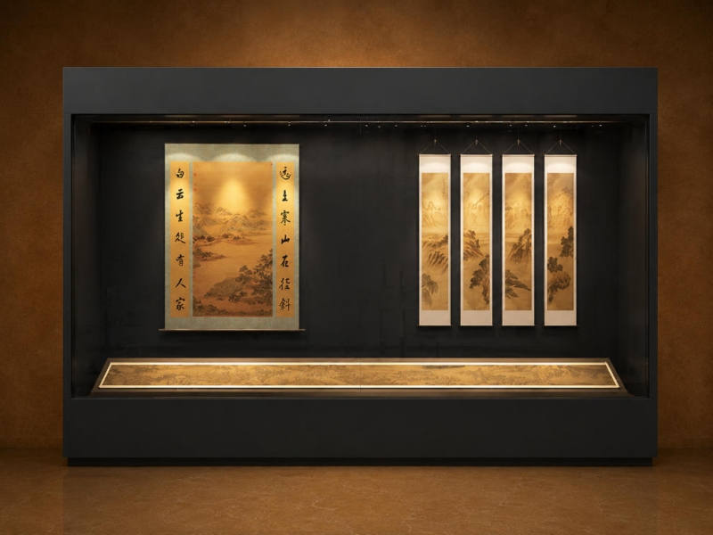 Scroll Painting Display Vitrine | Wall Recess Artwork Cabinet Hanging Calligraphy Booth Horizontal Manuscript Exhibit UV Archival Art Case