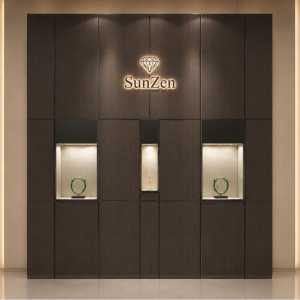Segmented Dark Fabric Jewelry Wall Cabinet | Recessed 3 Niche Backlit Display Wall – Sunzen