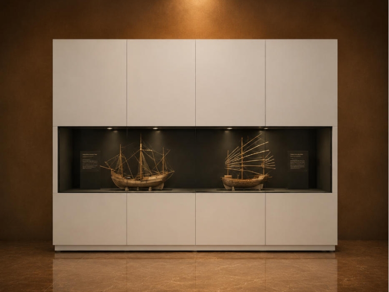 Ship Model Vitrine | Black Liner Boat Booth White Frame Exhibit Case Horizontal Marine Unit Closed Storage Heritage Cabinet