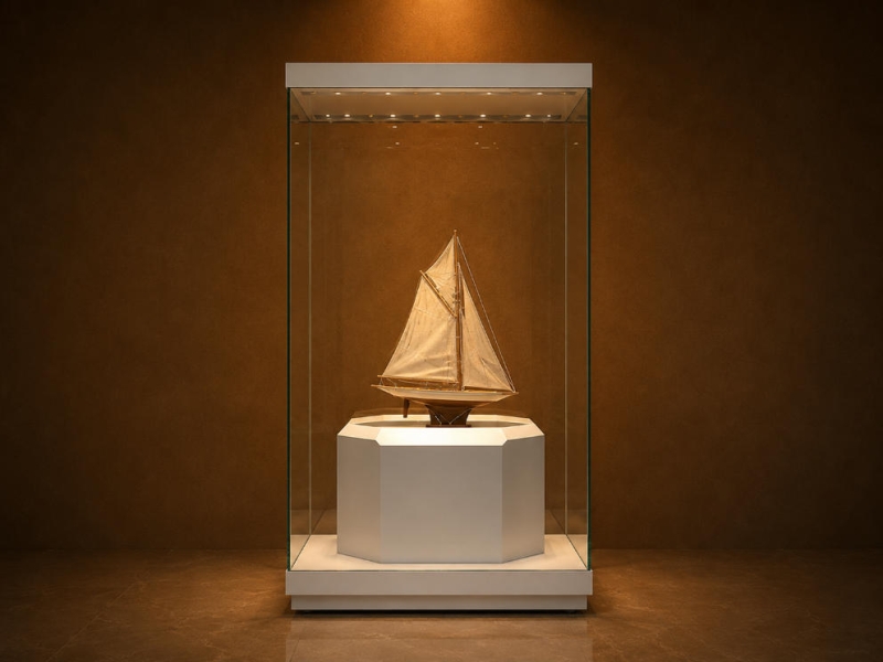 Single Sailboat Vitrine | White Tall Cube Booth Raised Inner Pedestal Case Ceiling Spot Marine Unit Yacht Model Heritage Cabinet