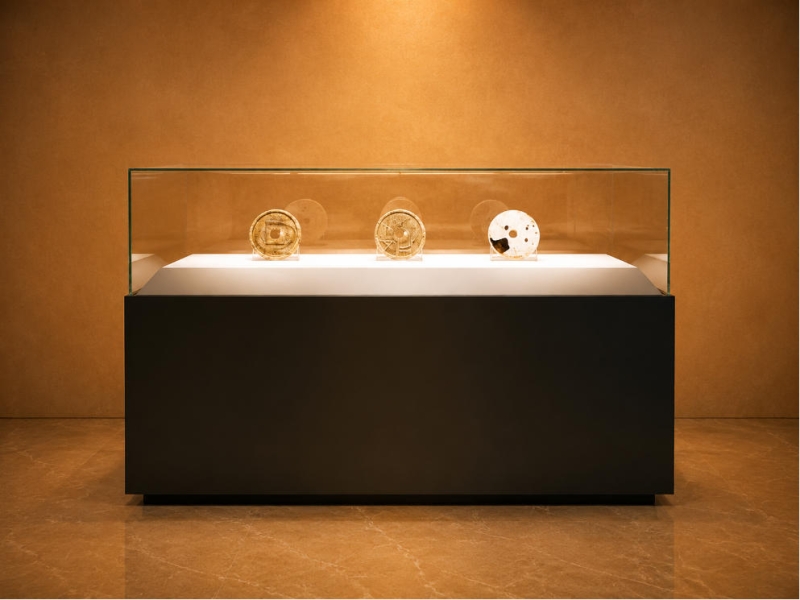 Sloped White Coin Vitrine | Low Profile Horizontal Booth Angled Interior Artifact Case Wide Base Relic Display Table Numismatic Heritage Cabinet