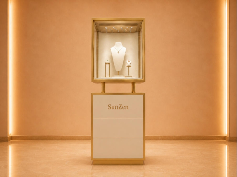 Split Tier Gem Pedestal | Cream Drawer Base Unit Gold Frame Top Vitrine Perforated Ceiling Light Dual Post Display Booth