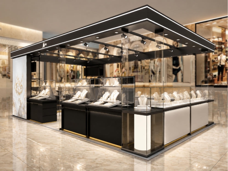Square Black Jewelry Kiosk | LED Light Full Glass Mall Jewelry Booth - SUNZEN