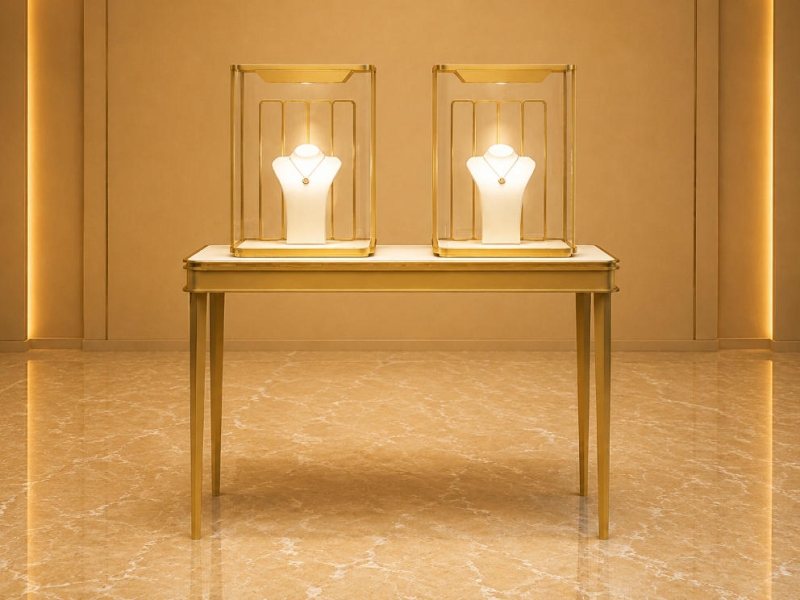Square Glass Jewelry Cloche | Polished Gold Console Table Twin Jewelry Display Set – Sunzen Display