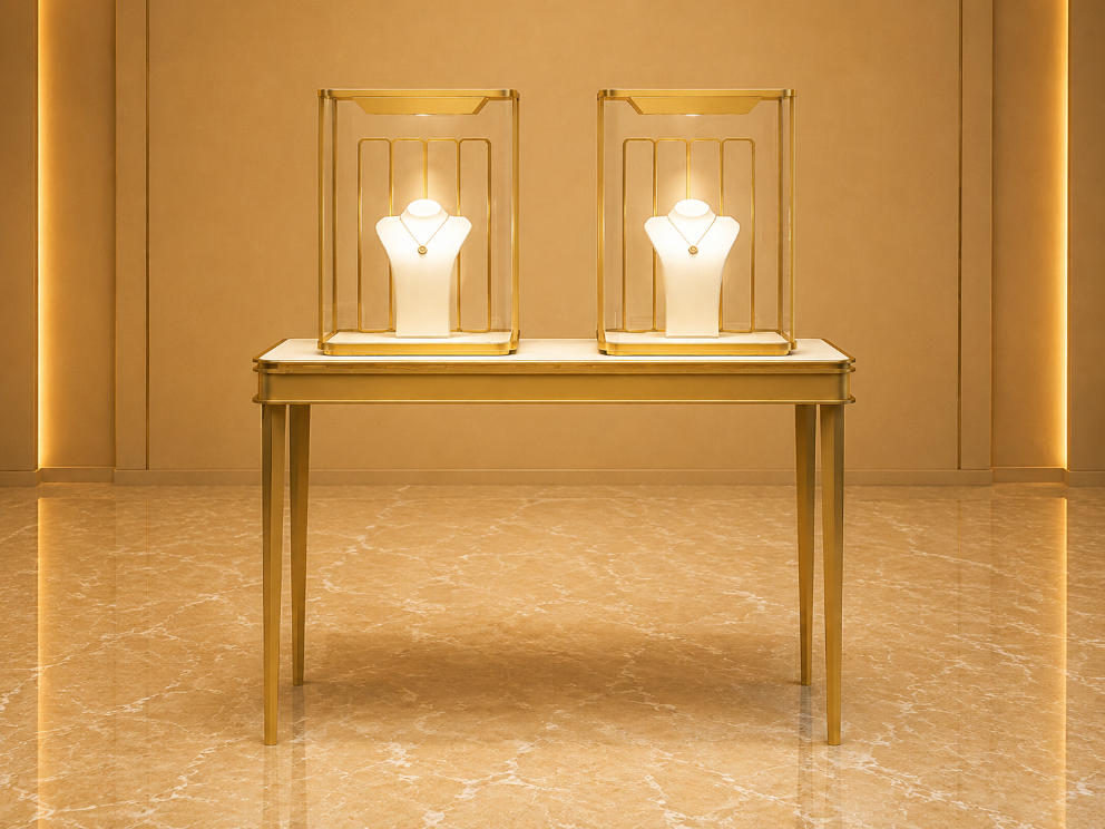 Square Glass Jewelry Cloche | Polished Gold Console Table Twin Jewelry Display Set – Sunzen Display 1 Square Glass Jewelry Cloche | Polished Gold Console Table Twin Jewelry Display Set – Sunzen Display