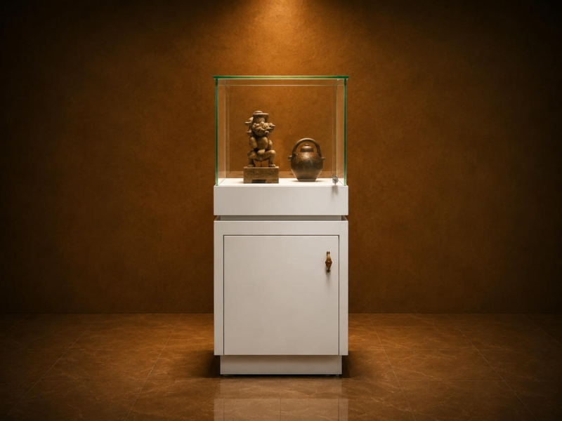Square Storage Vitrine | Side Lock Cabinet Booth Green Edge Glass Case Compact Pedestal Unit Mixed Antique Relic Cabinet