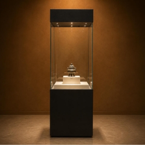 Tall Black Cube Vitrine | Raised Inner Plinth Booth Full Surround Glass Case Top Recess Spot Unit Bronze Artifact Pedestal Cabinet