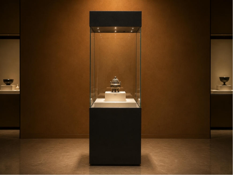 Tall Black Cube Vitrine | Raised Inner Plinth Booth Full Surround Glass Case Top Recess Spot Unit Bronze Artifact Pedestal Cabinet