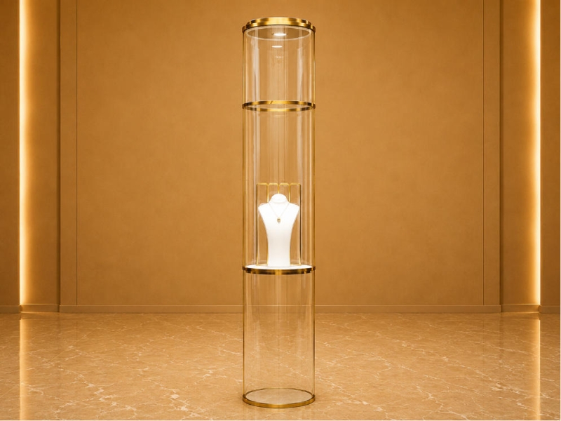 Tall Cylinder Jewelry Tower | Gold Rim Glass Pedestal Vertical Round Vitrine – Sunzen Display