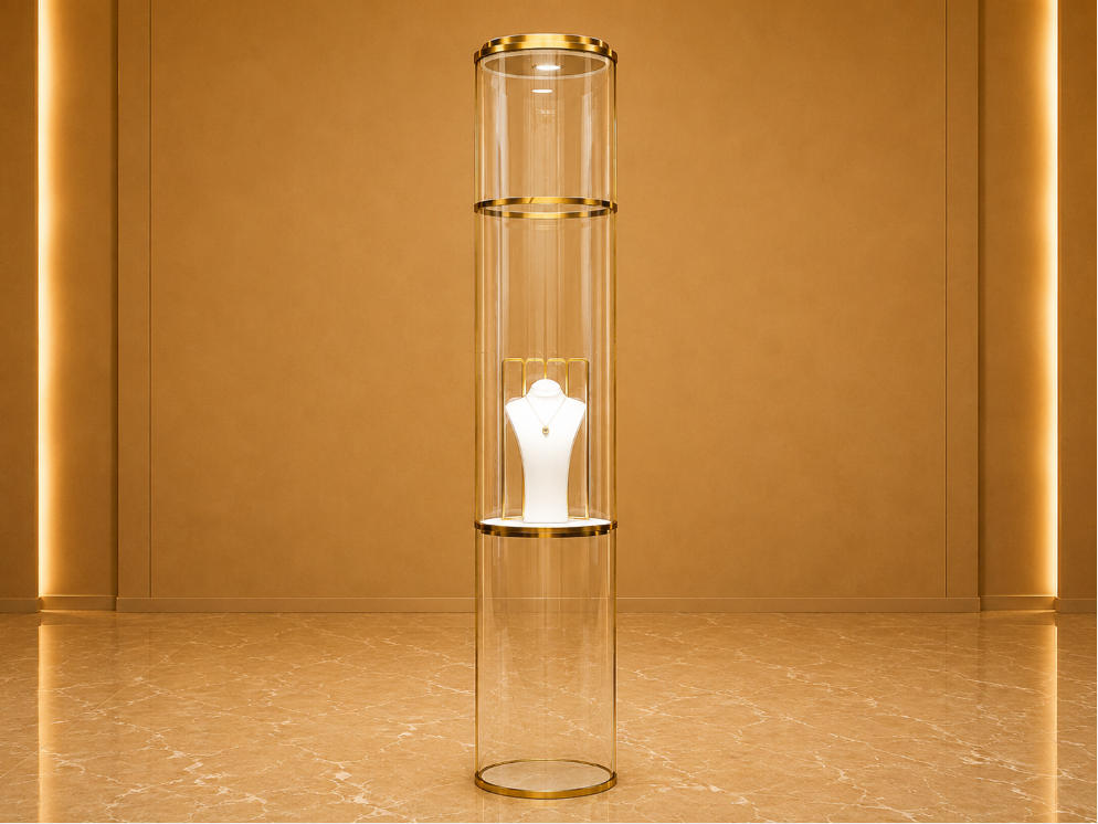 Tall Cylinder Jewelry Tower | Gold Rim Glass Pedestal Vertical Round Vitrine – Sunzen Display 1 Tall Cylinder Jewelry Tower | Gold Rim Glass Pedestal Vertical Round Vitrine – Sunzen Display