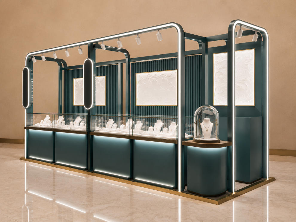 Teal Metal Frame Mall Jewelry Kiosk | LED Light Mall Pearl Jewelry Retail Kiosk - SUNZEN 1 Teal Metal Frame Mall Jewelry Kiosk | LED Light Mall Pearl Jewelry Retail Kiosk - SUNZEN