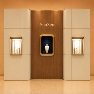 Triple Niche Brand Wall | Wood Cream Panel Wall Rounded Recess Vitrine Central Logo Backdrop Flanking Small Gem Booth 2 Triple Niche Brand Wall | Wood Cream Panel Wall Rounded Recess Vitrine Central Logo Backdrop Flanking Small Gem Booth