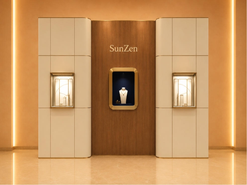 Triple Niche Brand Wall | Wood Cream Panel Wall Rounded Recess Vitrine Central Logo Backdrop Flanking Small Gem Booth