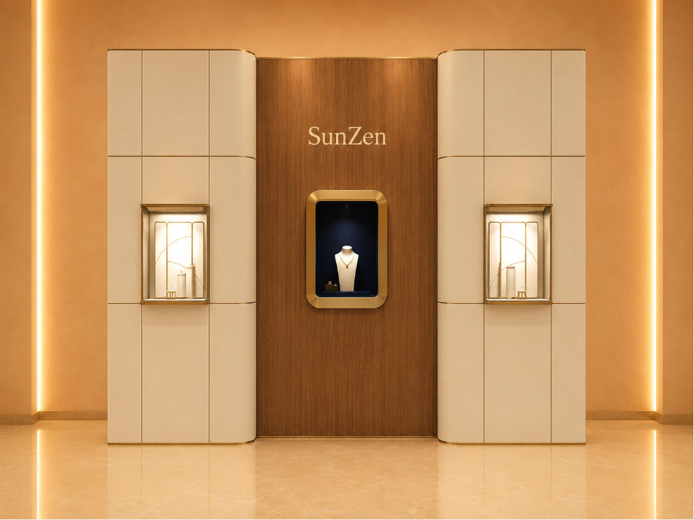 Triple Niche Brand Wall | Wood Cream Panel Wall Rounded Recess Vitrine Central Logo Backdrop Flanking Small Gem Booth 1 Triple Niche Brand Wall | Wood Cream Panel Wall Rounded Recess Vitrine Central Logo Backdrop Flanking Small Gem Booth