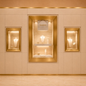 Triple Recess Wall Vitrine | Gold Trim Panel Wall Stepped Interior Shelf Wall Mounted Jewelry Booth Multi-Frame Gem Display Wall 2 Triple Recess Wall Vitrine | Gold Trim Panel Wall Stepped Interior Shelf Wall Mounted Jewelry Booth Multi-Frame Gem Display Wall