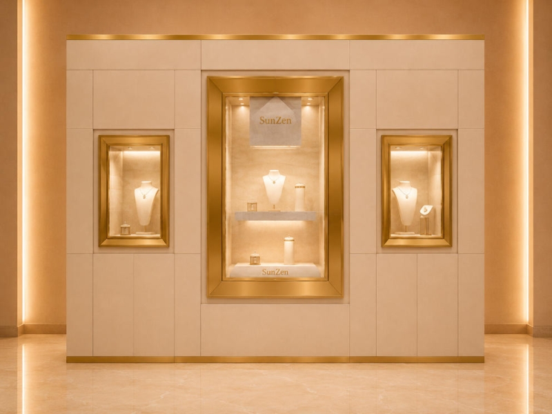 Triple Recess Wall Vitrine | Gold Trim Panel Wall Stepped Interior Shelf Wall Mounted Jewelry Booth Multi-Frame Gem Display Wall
