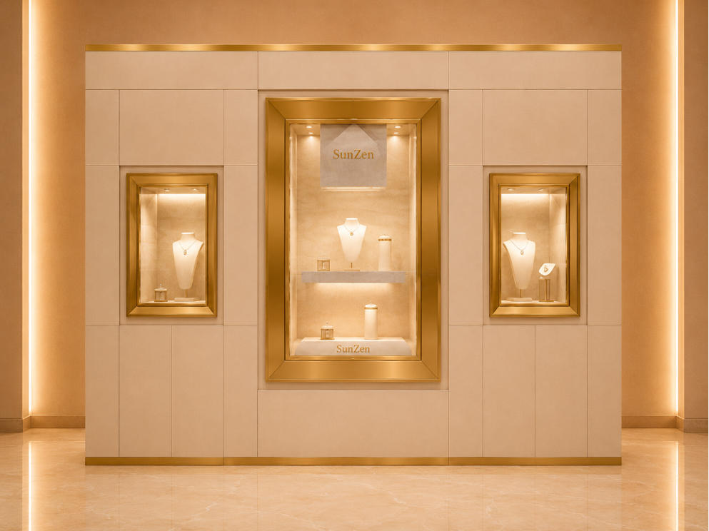 Triple Recess Wall Vitrine | Gold Trim Panel Wall Stepped Interior Shelf Wall Mounted Jewelry Booth Multi-Frame Gem Display Wall 1 Triple Recess Wall Vitrine | Gold Trim Panel Wall Stepped Interior Shelf Wall Mounted Jewelry Booth Multi-Frame Gem Display Wall