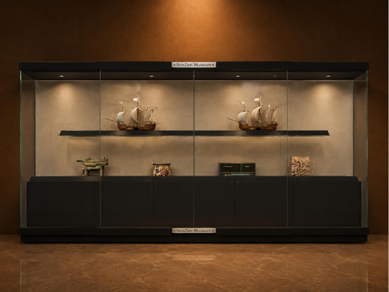 Two-Tier Marine Vitrine | Raised Shelf Boat Booth Dark Frame Dual-Level Case Long Double Deck Exhibit Unit Maritime Artifact Display Cabinet