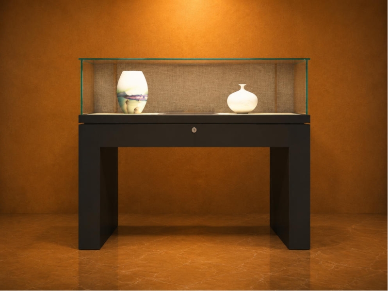 U Frame Ceramic Vitrine | Linen Backdrop Artifact Booth Open Leg Pottery Case Single Layer Vase Display Unit Hollow Base Heritage Cabinet