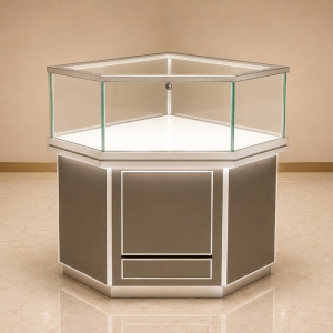 Upright Jewelry Corner Showcase | Silver Frame Tall Corner Glass Display Cabinet - SUNZEN 2 Upright Jewelry Corner Showcase | Silver Frame Tall Corner Glass Display Cabinet - SUNZEN