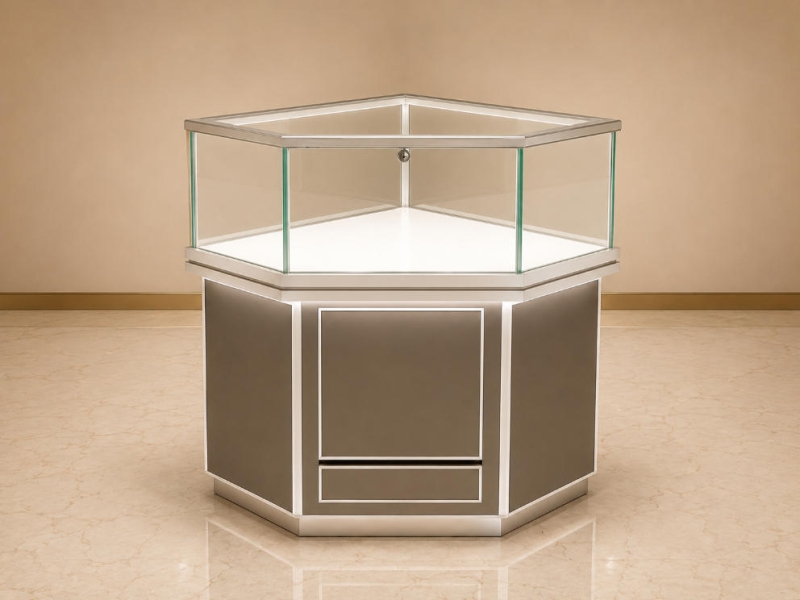 Upright Jewelry Corner Showcase | Silver Frame Tall Corner Glass Display Cabinet - SUNZEN